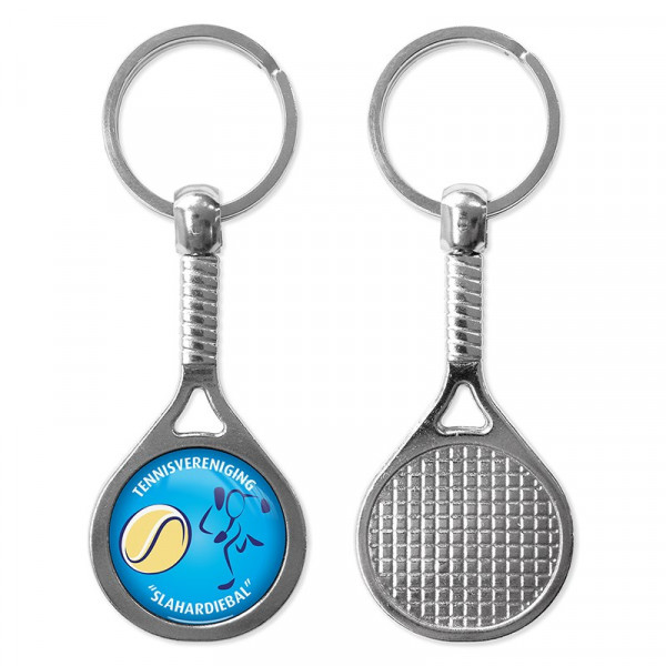 Tennis racket sleutelhanger met dominglabel